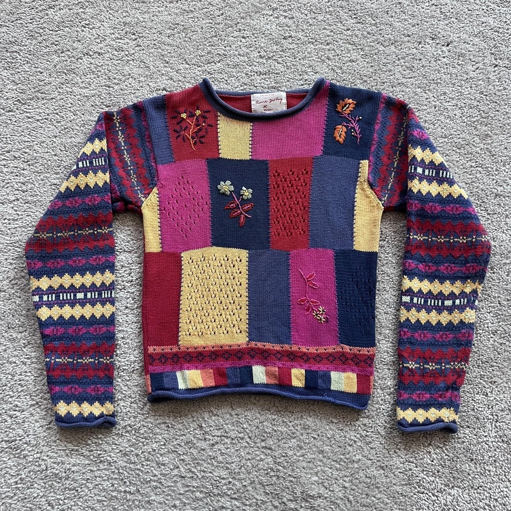 Vintage Rene Derhy Patchwork Floral Fair Isle Sweater Womens M Multicolor Boho